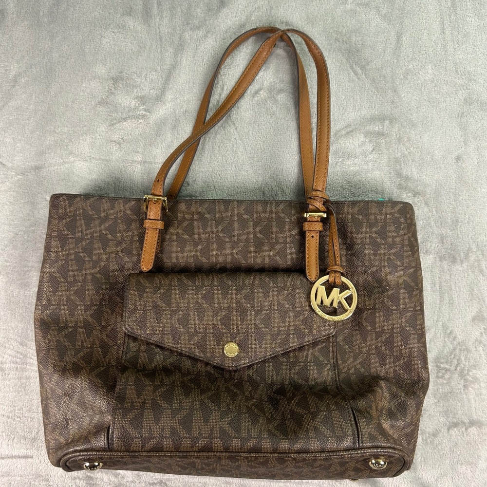 Michael Kors Bedford Monogram Tote Bag Brown Gold Hardware Leather Trim